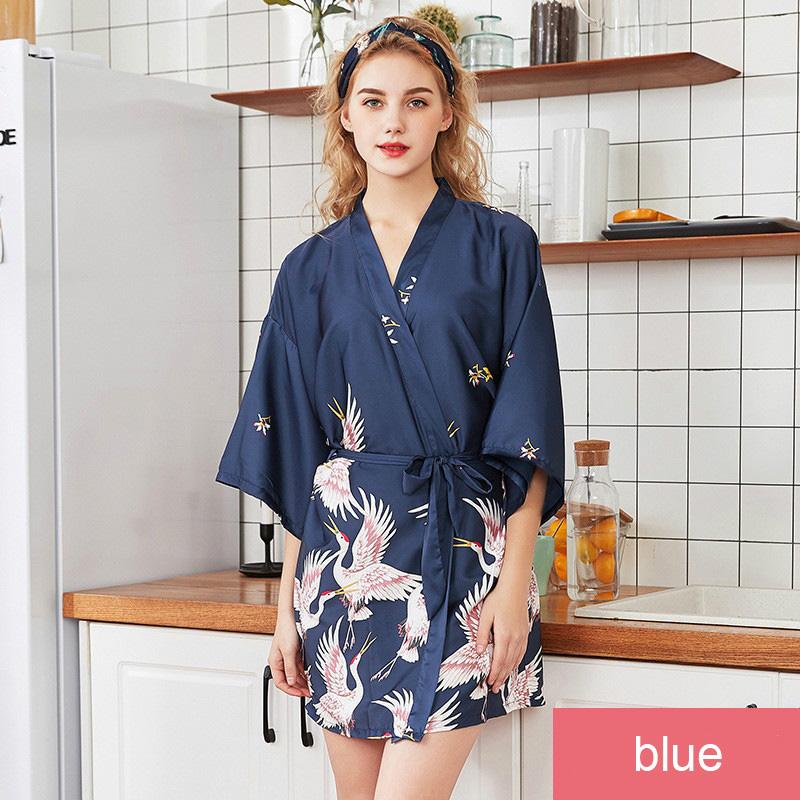 Comfortable V-neck Satin Robe Vintage Women Silk Satin Robe Sexy Nightgown Kimono Sleepwear Waistband Nightdress