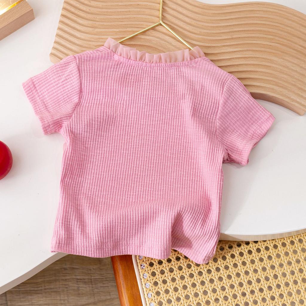 Летняя футболка с короткими рукавами для девочек с кружевом и кружевными рукавами, универсальный и модный топ из ледяного шелка