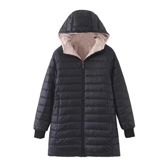Winter Down Coat Thickened Padded Plush Hood Mid Length Full Zipper Windproof Long Sleeves Pockets Warm Daily Wear Outwear Cotton Jacket