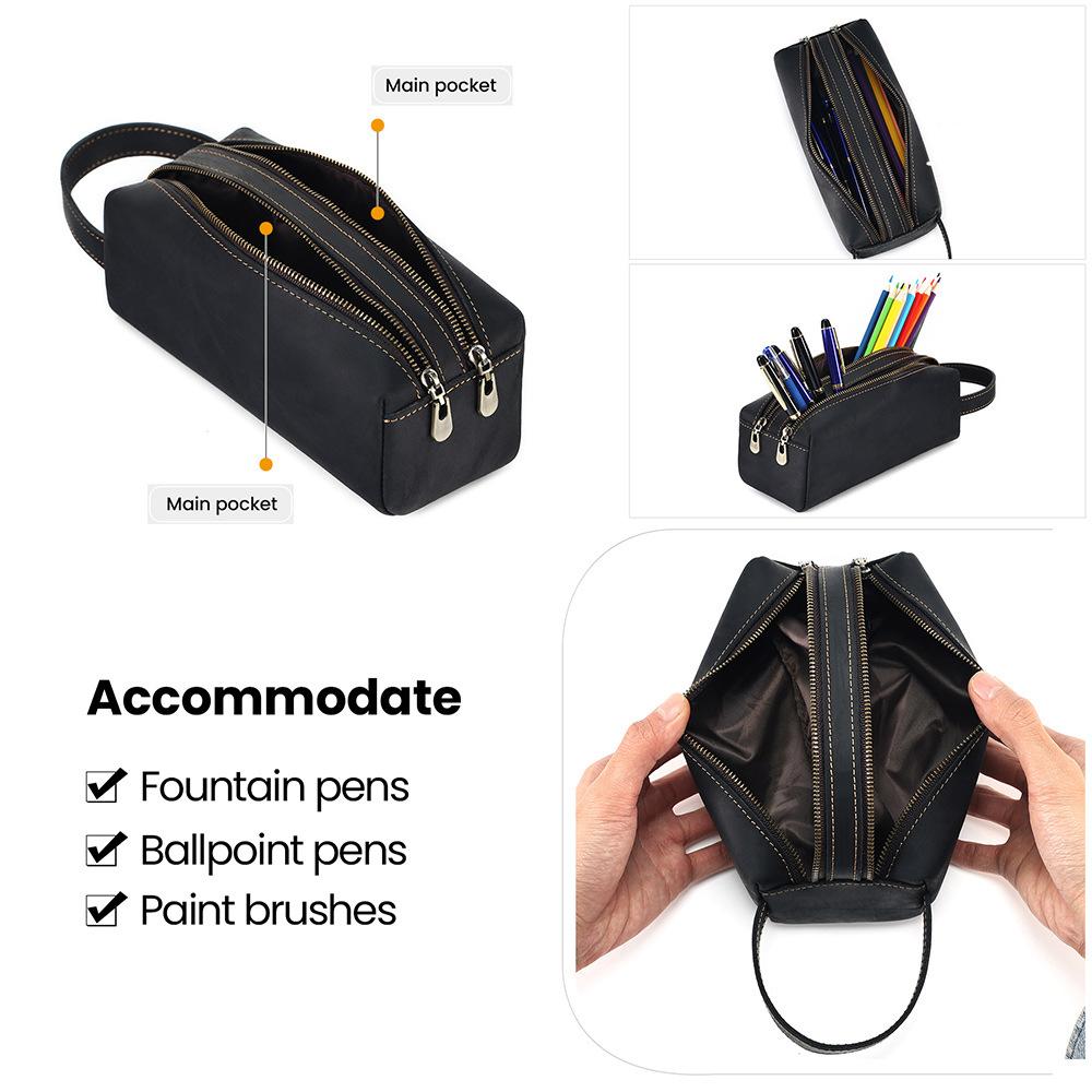 Crazy Horse Leather Handbag Handbag Multifunctional Leather Double Zipper Pencil Case Storage Bag Creative Leather Goods