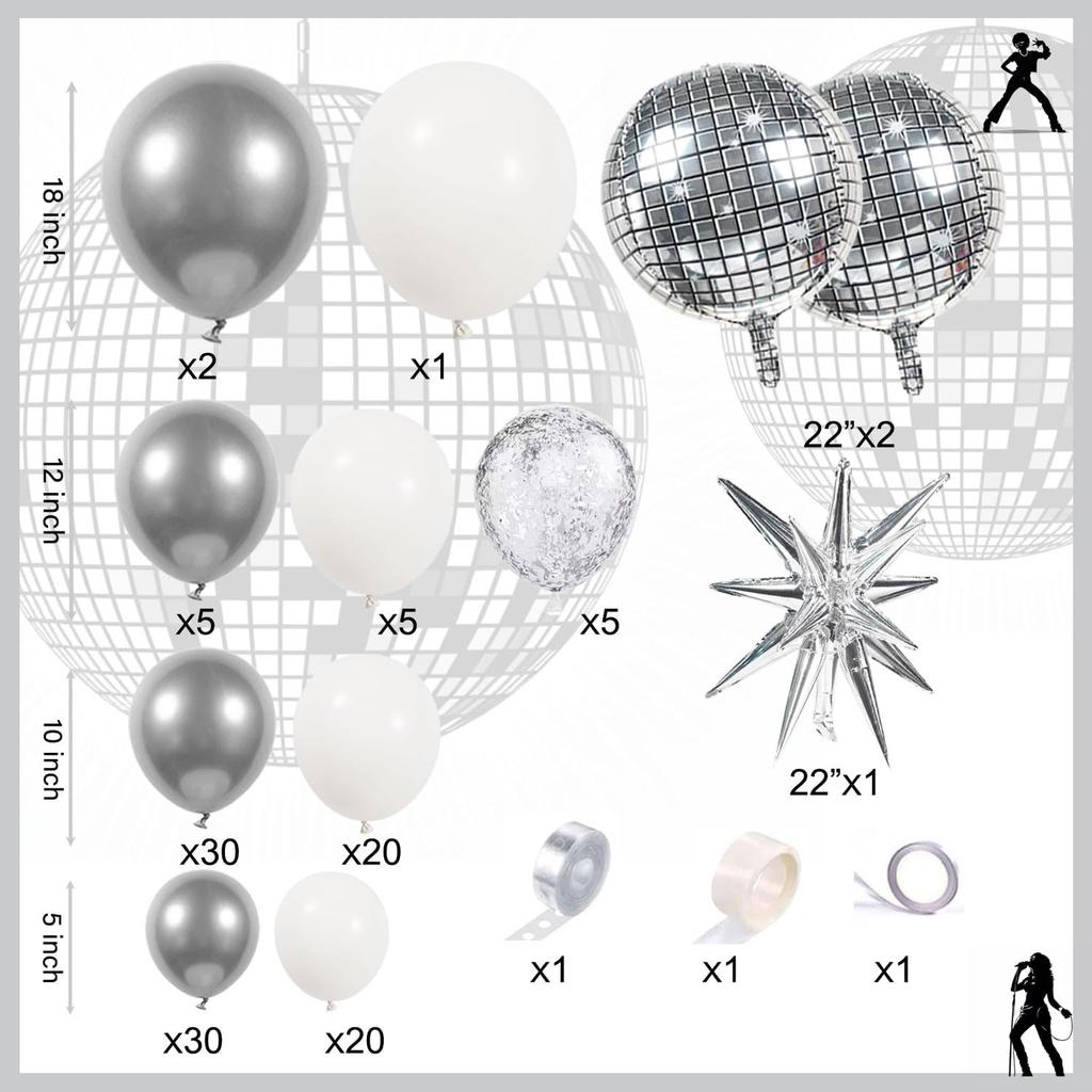 Disco Party Balloon Garland Arch Kit 134 Pcs Metallic Silver Matte White Confetti Balloons Disco balls for Adult Birthday Dancing Decor Graduation