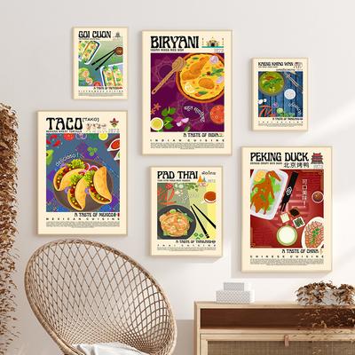 Современное украшение для кухни, плакат мексиканской и тайской кухни, тако, утка по-пекински, мультяшная картина маслом, ретро-бар