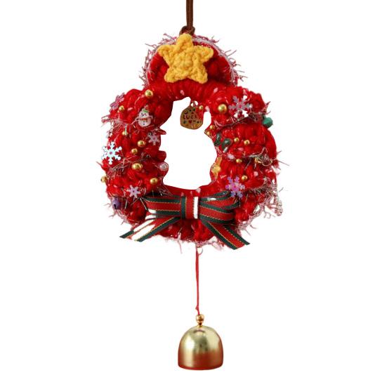 Christmas Crochet Wreath Hanging Decoration Xmas Tree Car Rearview Mirror Hanging Handmade Wreath Bell Ornament Holliday Party Pendant