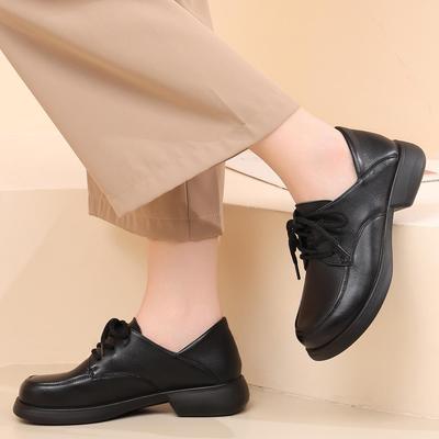 Женские туфли в британском стиле из кожи на массивном каблуке - Мягкая подошва, Круглый носок, Большой размер, Осенняя коллекция