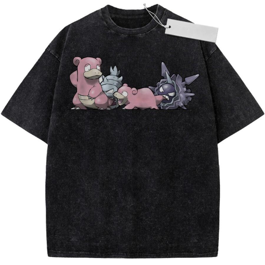 Unisex Washed Pink Vintage Tshirt Pokemon Slowbro Slowpoke Shellder Highquality Fabric for Home Leisure Travel Shopping