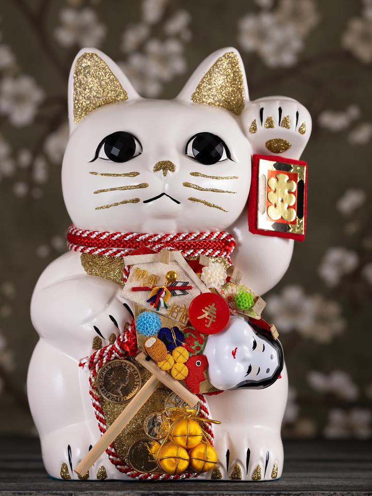 Счастливый кот Ацуме Левосторонний кот Счастливый кот Манеки Кот Счастливый фэн-шуй Орнамент Коробка для пожертвований Белый (L-SIZE Белый) Поднятый/Керамический_Lucky (fa_L