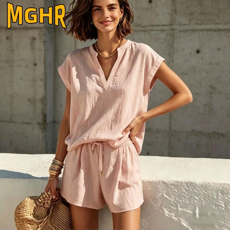 MGHR Женские модные повседневные брючные костюмы с коротким рукавом и V-образным вырезом