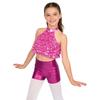 Girls Mock Neck Sleeveless Sequin Crop Top Tiered Shiny Metallic Shorts Stage Dance Outfit