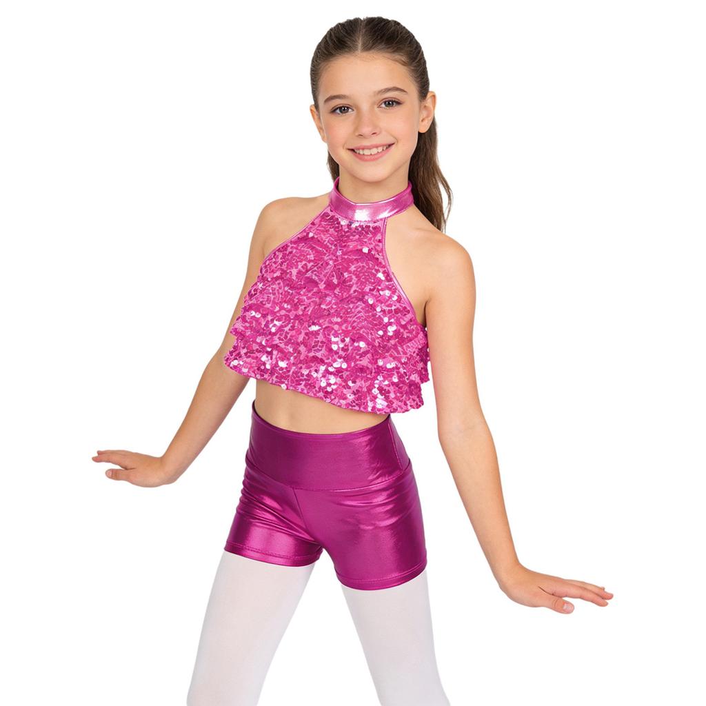 Girls Mock Neck Sleeveless Sequin Crop Top Tiered Shiny Metallic Shorts Stage Dance Outfit