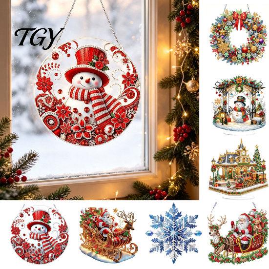 Sparkling Hanging Ornaments Christmas Faux Diamond Art Kit, Santa Snowman Ornament DIY Double Sided Acrylic Pendant with Rhinestones Craft Kit