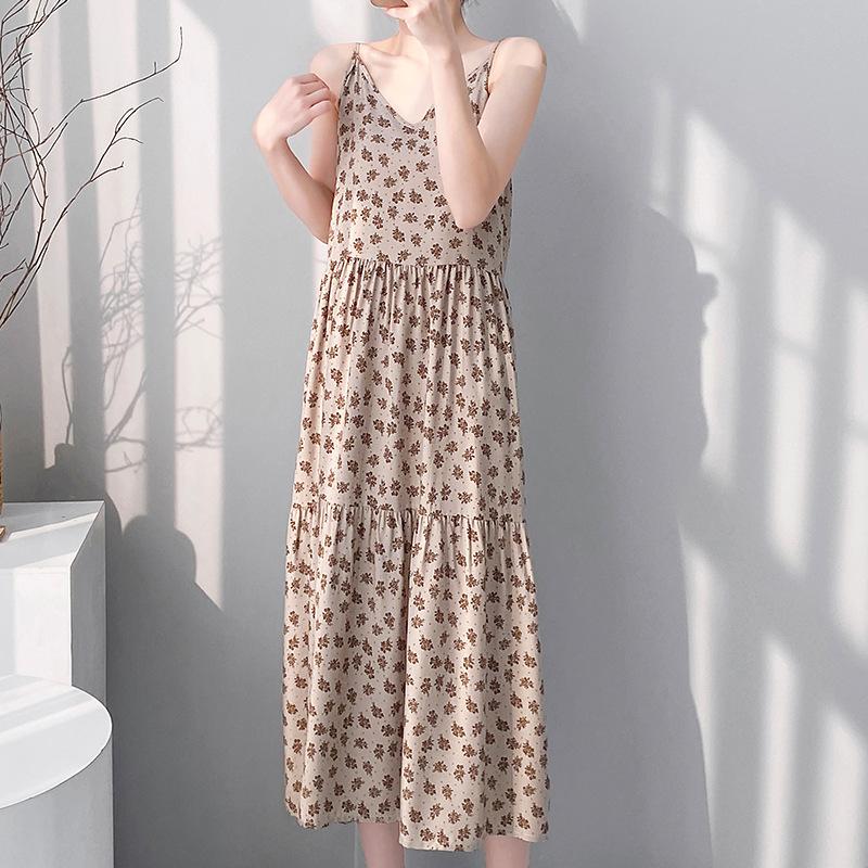 New women's cotton and silk nightgown summer thin large size printing sweet floral pajamas sleeveless outer loungewear