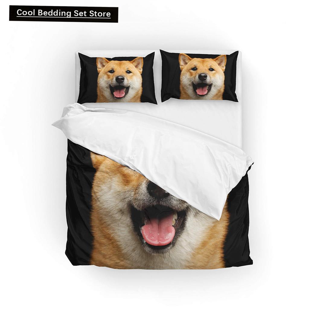 Желтый комплект постельного белья Shiba Inu King Queen, милый пододеяльник с изображением щенка, семейное одеяло с изображением домашнего животного, 2/3 предмета, полиэстеровое одеяло, покрывало