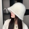 Women Solid Color Fluffy Fur Bucket Hat Autumn Winter Warm Faux Rabbit Fur Fisherman Cap Outdoor Cold-proof Wide Brim Basin Hats