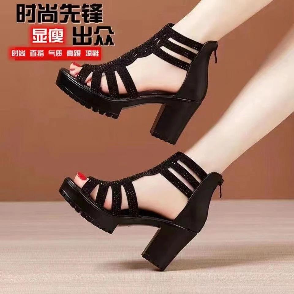 Summer Women's High Heel Shoes Rome Women's Peep Toe Platform Chunky Heel Gladiator Sandals Outdoor Dress Party Fish Mouth Shoes
