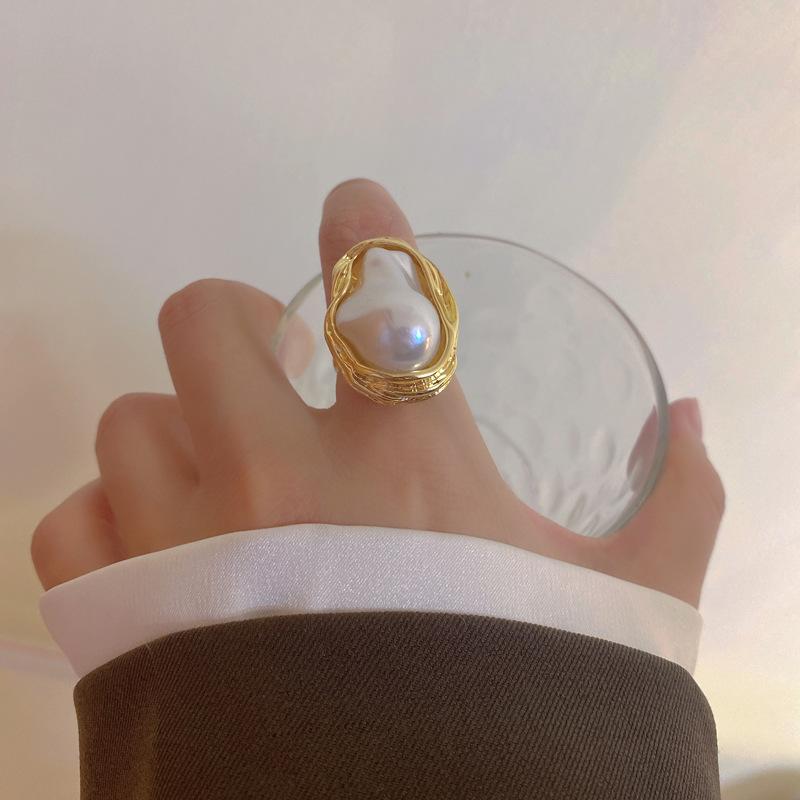 Geometrical Irregular Baroque Pearl Ring for Women Vintage Open Adjustable Index Finger Rings Party Jewelry