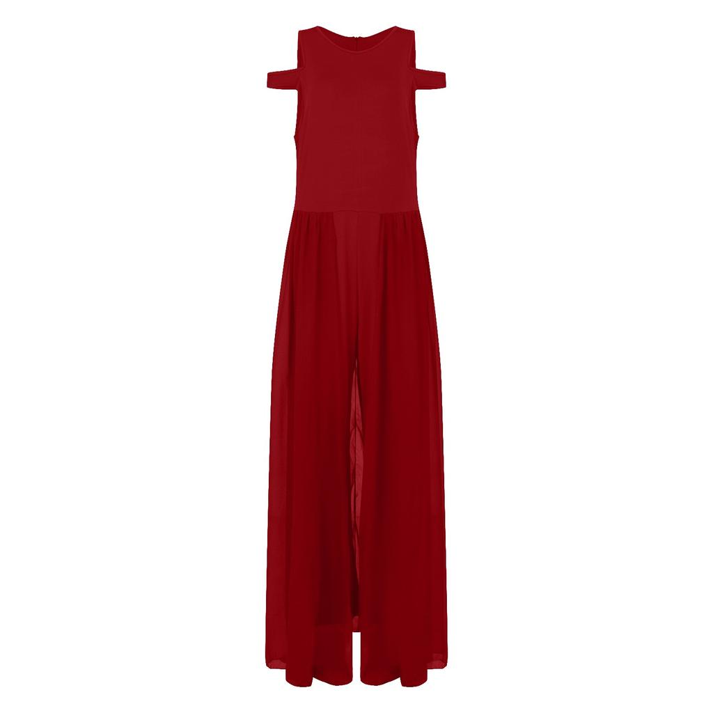 Женский повседневный шифоновый комбинезон без рукавов с высокой талией и круглым вырезом, свободный комбинезон, длинные брюки