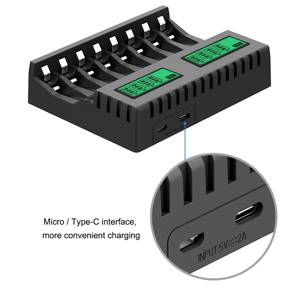 Ni-MH Ni-Cd AA AAA Battery Charger LCD Digital Display 1.2V 8 Slots Rechargeable Batteries Micro Type-C Smart Batteries Charger
