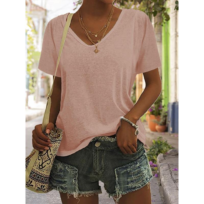 YYFS Женские модные повседневные летние весенние однотонные блузки и рубашки с v-образным вырезом и короткими рукавами с принтом