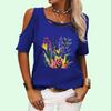 Женская мода с круглым вырезом, летняя футболка с открытыми плечами, повседневная футболка с коротким рукавом и цветочным принтом