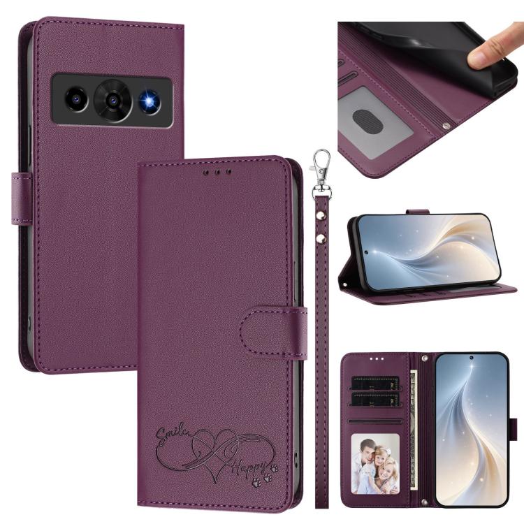 Happy Heart Pattern Magnetic Closure Vegan Leather Phone Case With Wrist Strap For ZTE Blade A56 4G