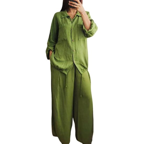 Женский комплект из хлопка и льна, 2 предмета, повседневная блузка с длинным рукавом на пуговицах и брюки с широкими штанинами, с кулиской по низу, для отдыха