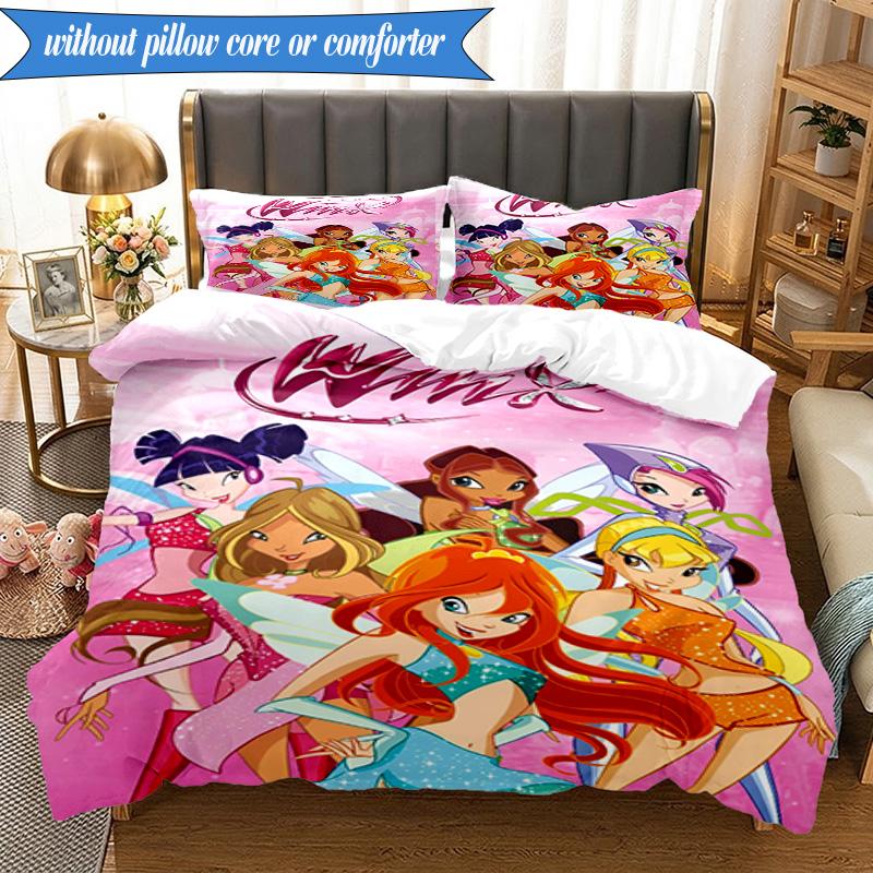 3PCS Wink Club Magical Friendship Bedding Set 2D Printing (Includes 1 Duvet Cover + 2 Pillowcases Coreless), Bedroom decor,Fan gift