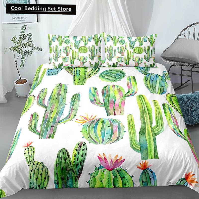 Пододеяльник Cactus King Queen Набор постельного белья с суккулентами для детей, подростков, взрослых Зеленый Ботанический с цветами 2/3 предмета Полиэстеровый пододеяльник