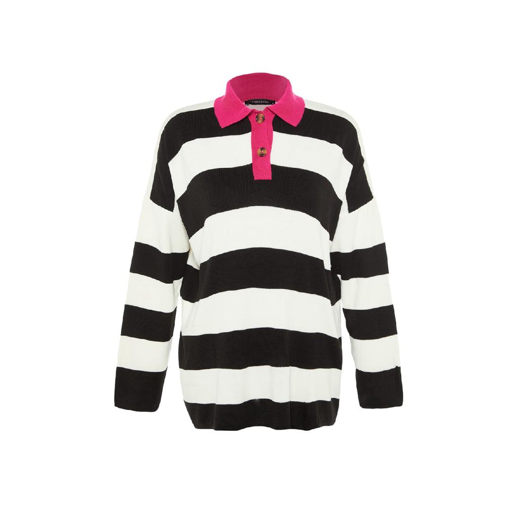 Черный полосатый трикотаж с воротником-поло Tctaw23kz00039