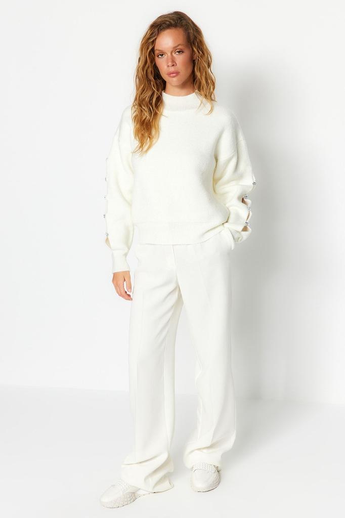 Женский свитер в элегантном стиле, мягкий текстурированный трикотаж на пуговицах с камнями, свитер