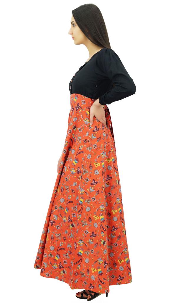 Bimba Женское длинное платье с длинными рукавами и круглым вырезом, цветочным принтом, в стиле бохо-готика, макси