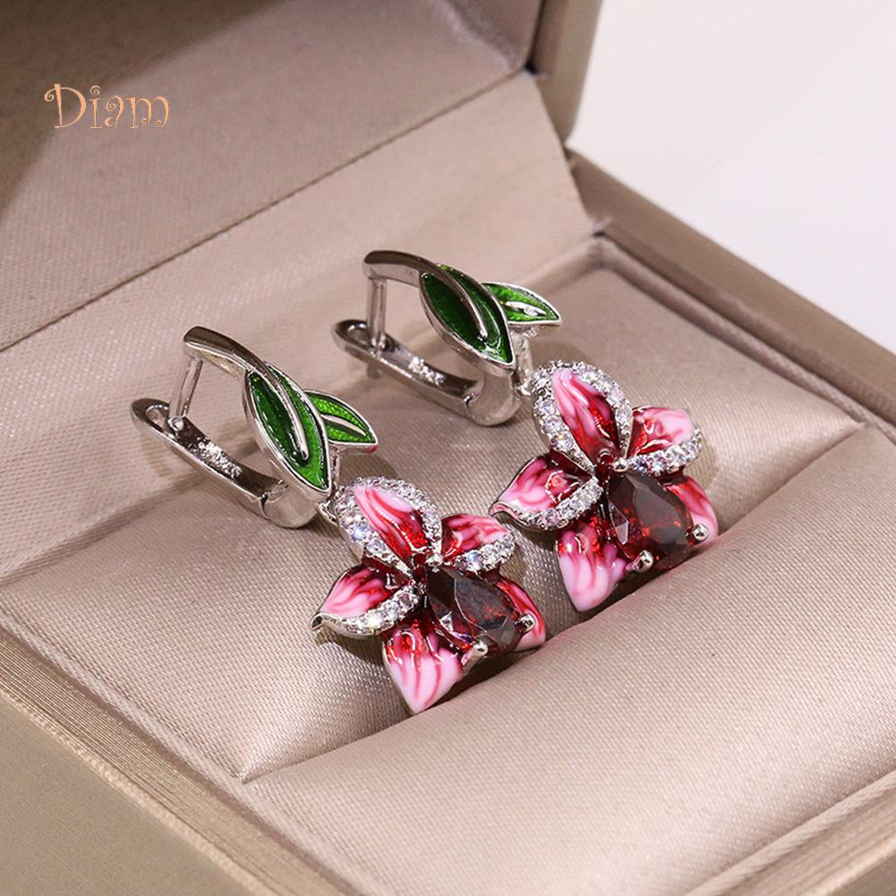 Diamonding Jewelry Chic Women Enamel Leaf Flower Pendant Crystal Stone Inlaid Leverback Earrings
