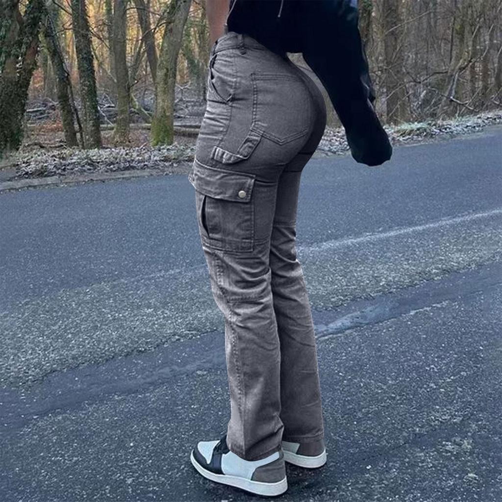 Women's Fashion Solid Color Hip Lifting Pants High Waist Multi Pocket Work Clothes Jeans