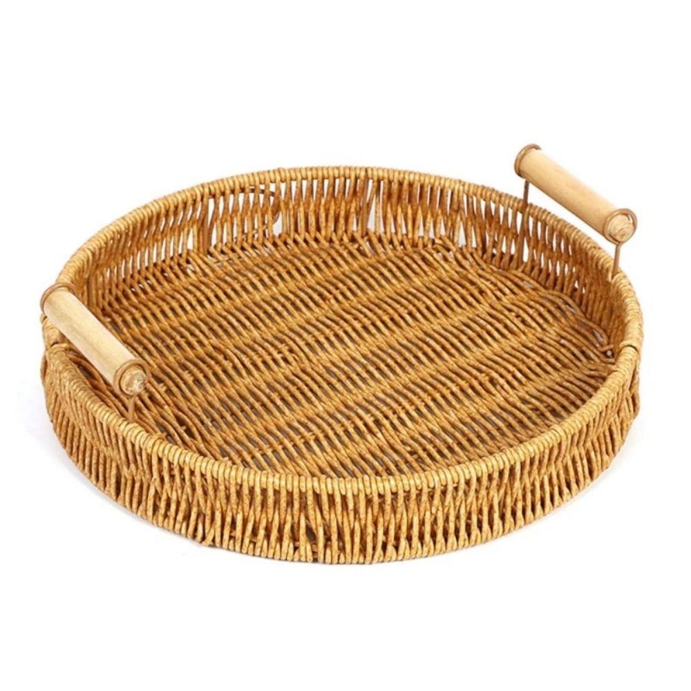 New Handwoven Rattan Basket With Handle Round Shape Storage Tray Breakfast Bread Food Plastic Rattan Threads Basket