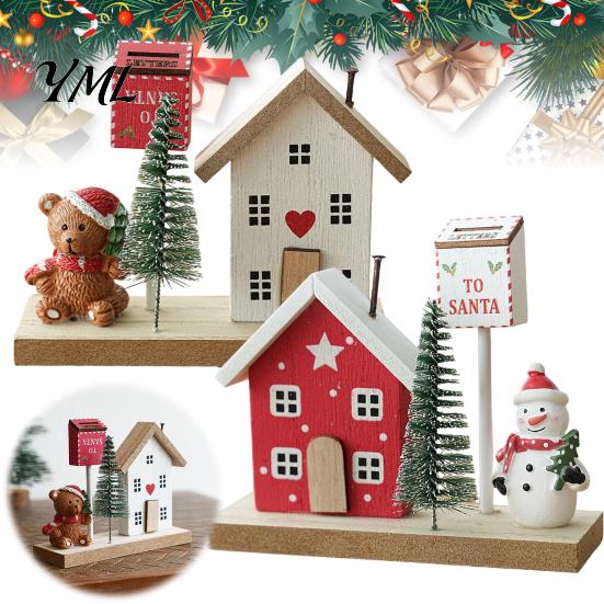 Christmas Gift for Family Mini Village House Figurine, Winter Scene Ornament with Snowman Showcase Display Bear & Mailbox, Nordic Style Desktop