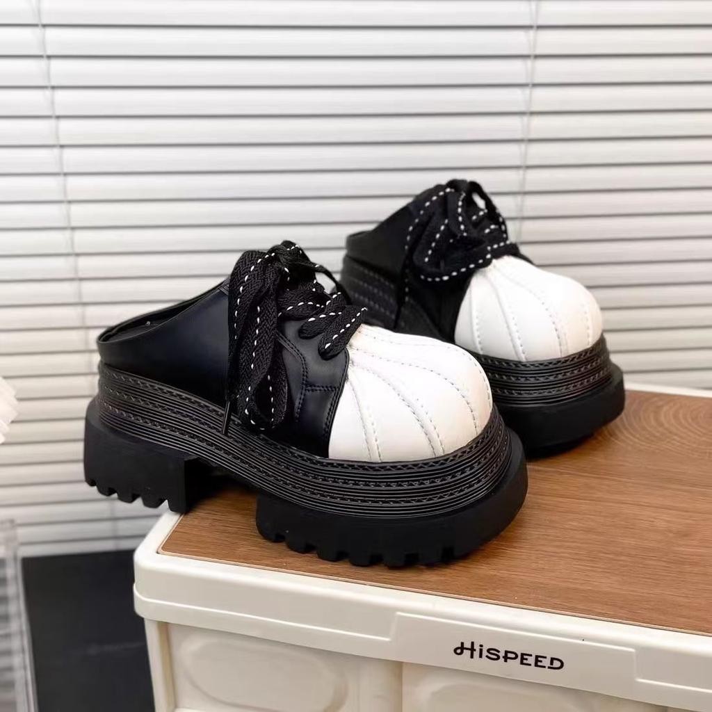 2025 весна новая сумка голова ракушка голова толстая подошва кекс большой голова шнуровка JK мокасины полутапочки верхняя женская обувь