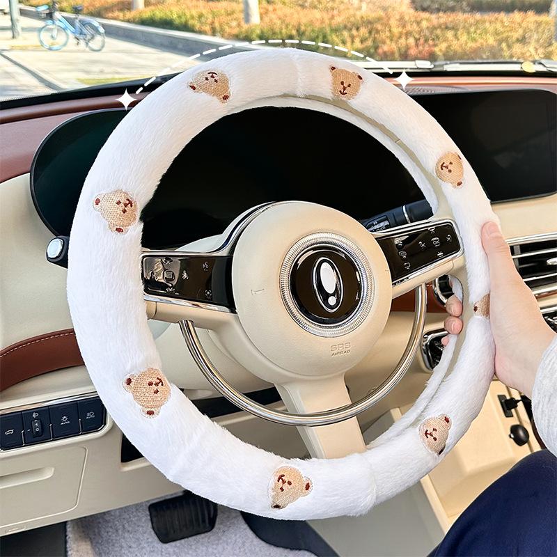 Plush car steering wheel cover with cartoon embroidery, anti slip and wear-resistant car handle cover, winter warm steering whee