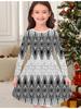 Girls' Autumn and Winter Fashion Dress, 3D Vintage Pattern Print Round Neck Long Children's T-shirt Dress, Casual Versatile, Christmas Clothing