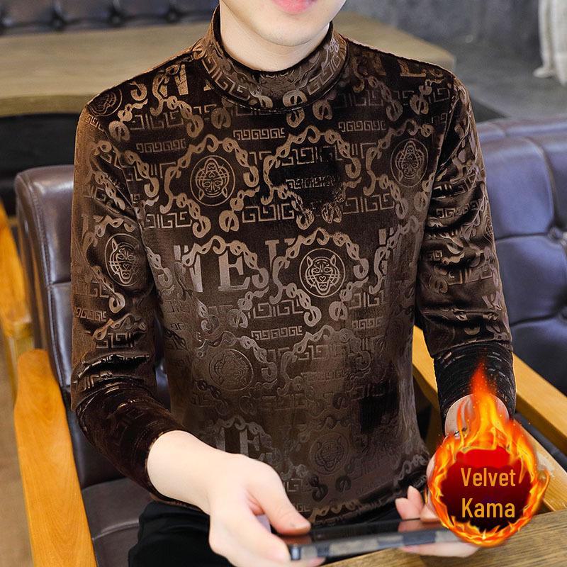 Мужская модная толстовка из золотистого бархата со средней горловиной и длинными рукавами - плотная, теплая, осенне-зимняя футболка с полувысоким воротником