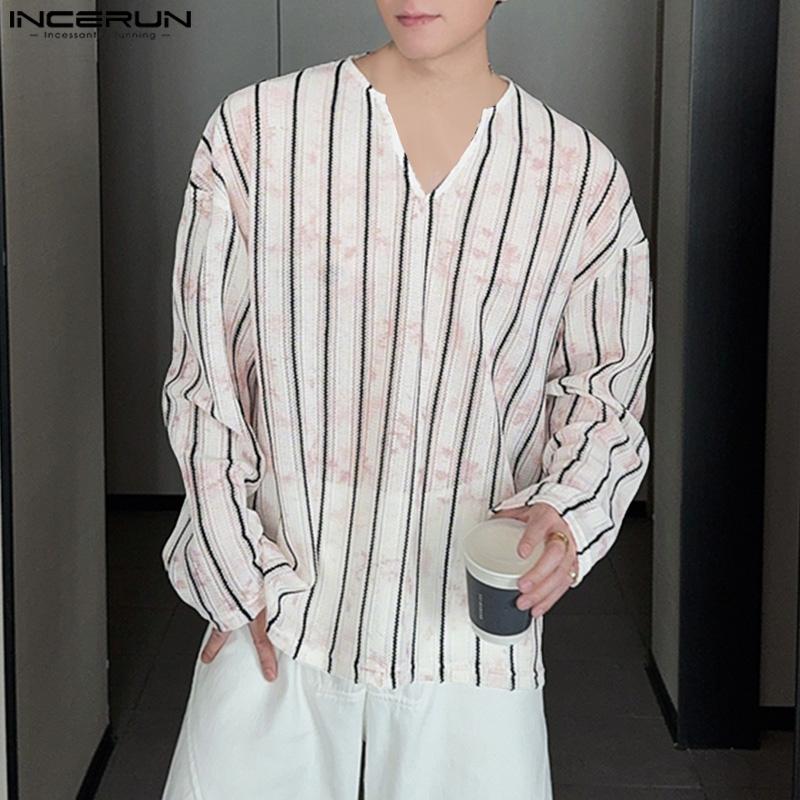 INCERUN Мужские топы и футболки с длинным рукавом, в полоску, крючком, с ажурной полупрозрачной текстурой