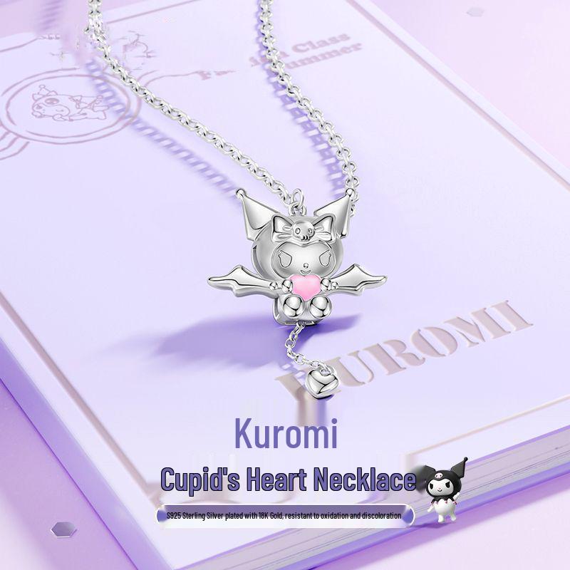 Серебряное ожерелье Sanrio Kuromi 'Сердце Амура' - Милый мультяшный подарок для женщин и подруг