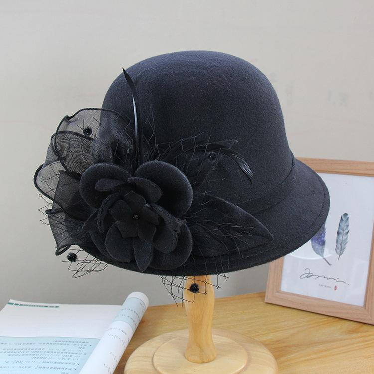 Осенне-зимняя теплая шапка Женская британская ретро шерстяная шапка Элегантная шапка-котелок со знаменитой сеткой и цветком-бантом