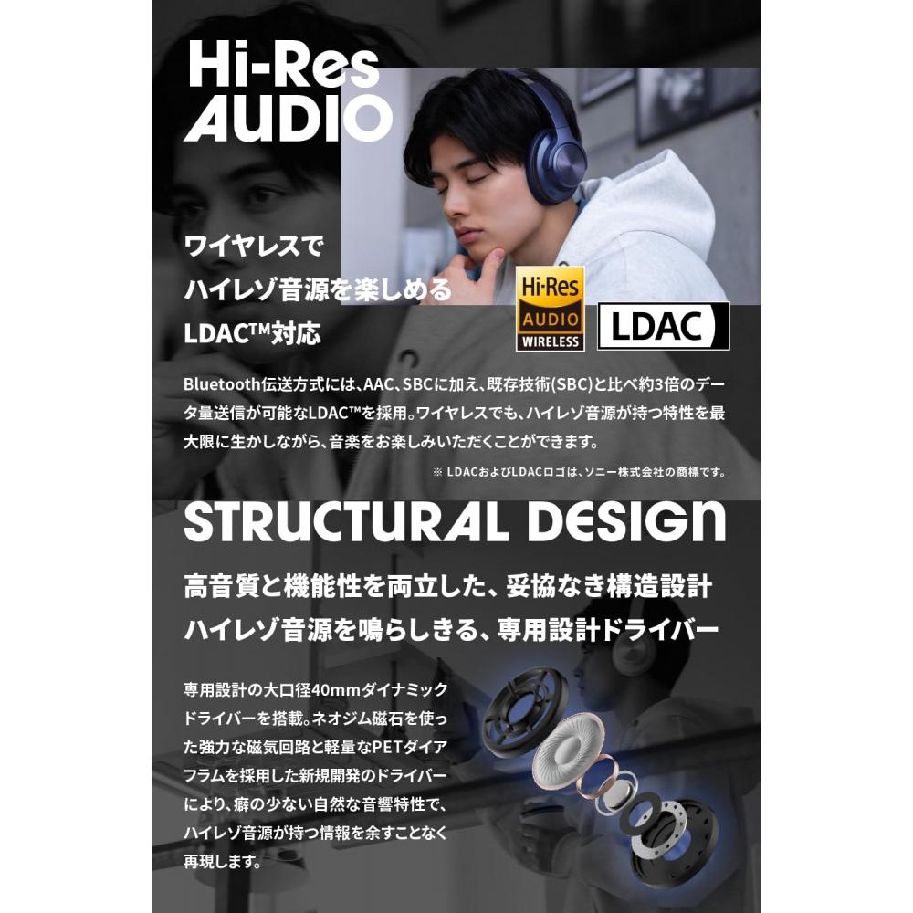 AVIOT WA-V1 Адаптивные гибридные наушники с шумоподавлением, беспроводные, до 120 часов воспроизведения, совместимы с LDACHigh Resolution, используют высокод