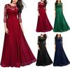 Women Elegant Gown Dress O-Neck 3/4 Sleeve Embroidery Lace Stitching High Waist Loose Hem Robe Dress Wedding Night Party Maxi Dress
