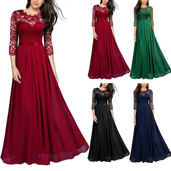 Women Elegant Gown Dress O-Neck 3/4 Sleeve Embroidery Lace Stitching High Waist Loose Hem Robe Dress Wedding Night Party Maxi Dress