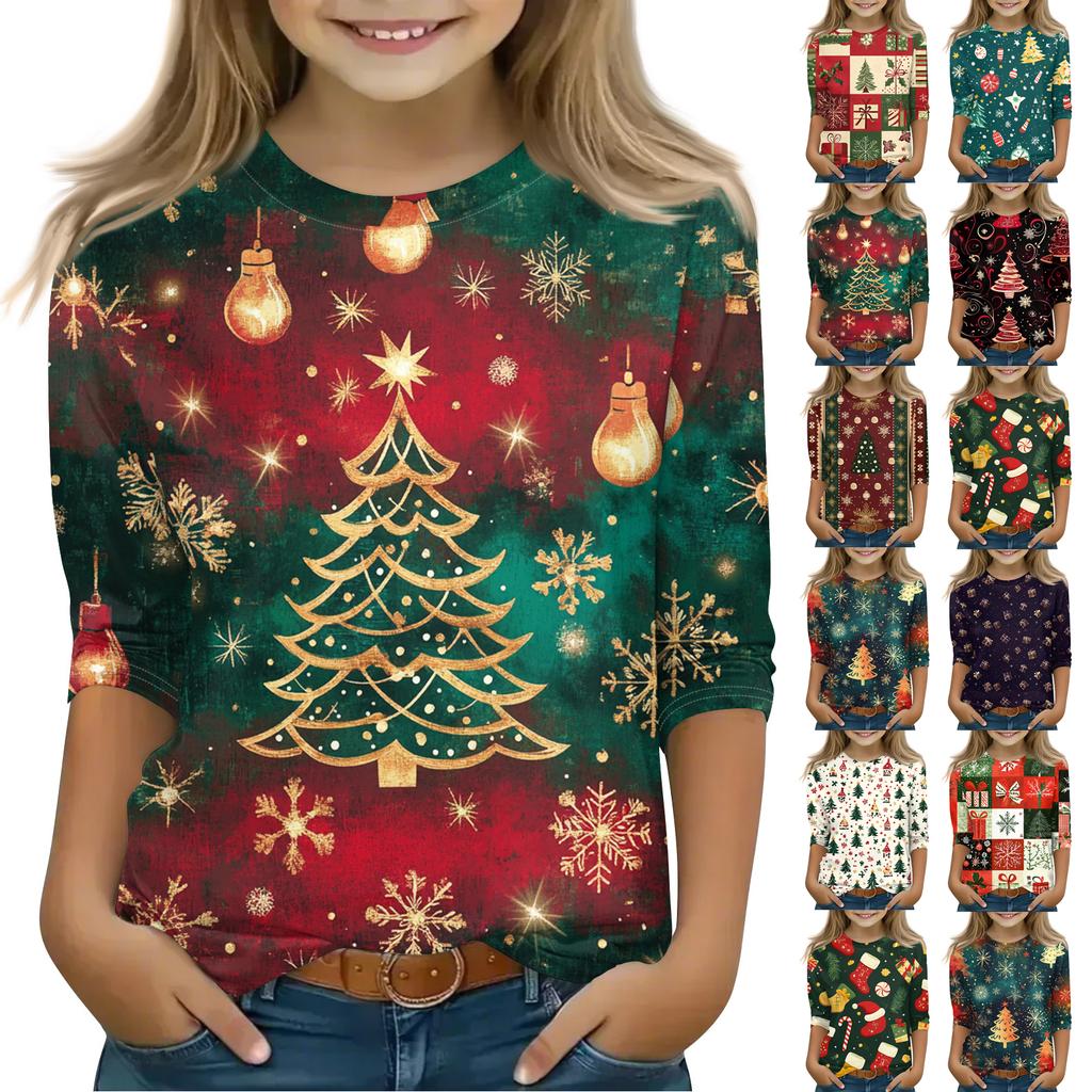 Christmas Day Print Tops For Youth Girls 4-11 Years Round Neck 3/4 Sleeves T-Shirts Trendy Tops Outfit Tees