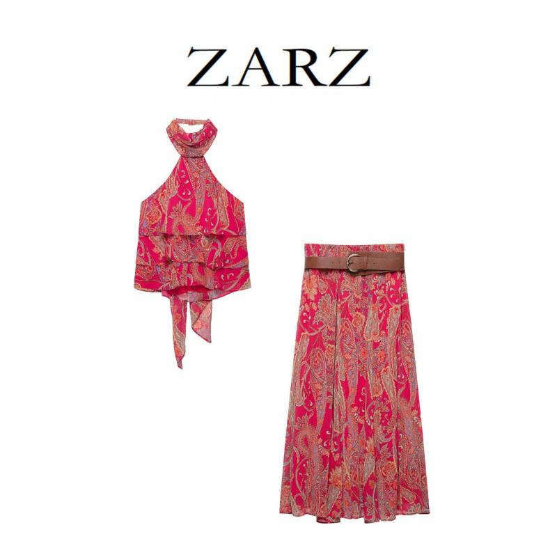 Womens Sleeveless Wrap Top With Bow Detail Matching Printed Belted Midi Skirt Set Vintage Chic Outfit