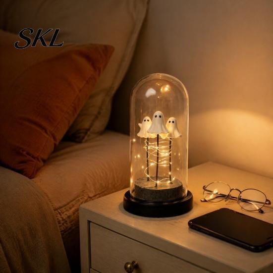 Ghost Figurine with Warm Light Halloween Decorations, 3 Mini Up in Cloche, Night Glowing Ornament LED Lights, Cute Spooky Decor for Home Mantel