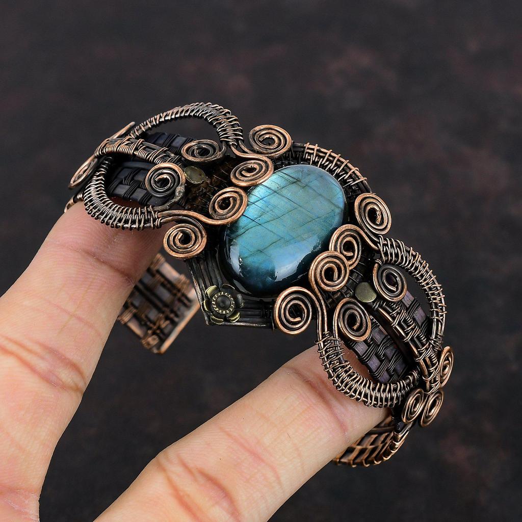 Labradorite Cuff Bracelet Copper Wire Wrapped Bangle Labradorite Bracelet Adjustable Bangle Gemstone Cuff Bracelet Handmade Bangle For Gifts
