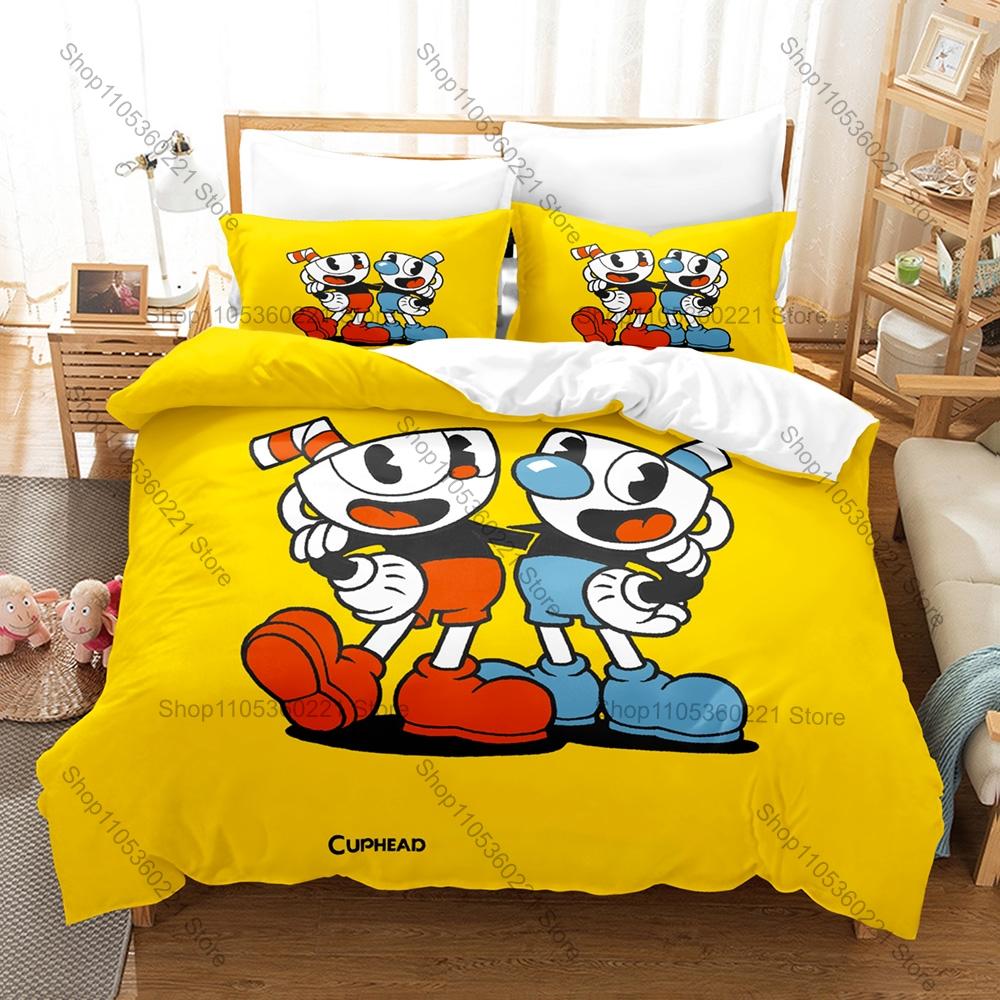 Kawaii Cuphead and Mugman Pattern Bedding Set 3 Piece Duvet Cover with Pillowcase for Kids Adults Bedroom Decor