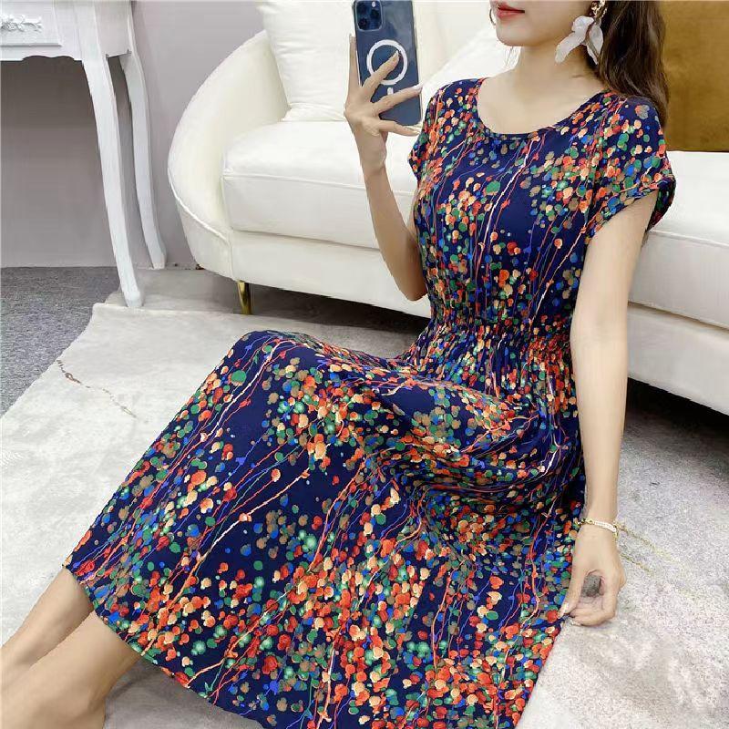 Летнее платье из хлопка и шелка в этническом стиле с цветочным принтом, модное элегантное платье больших размеров с короткими рукавами и средней длиной